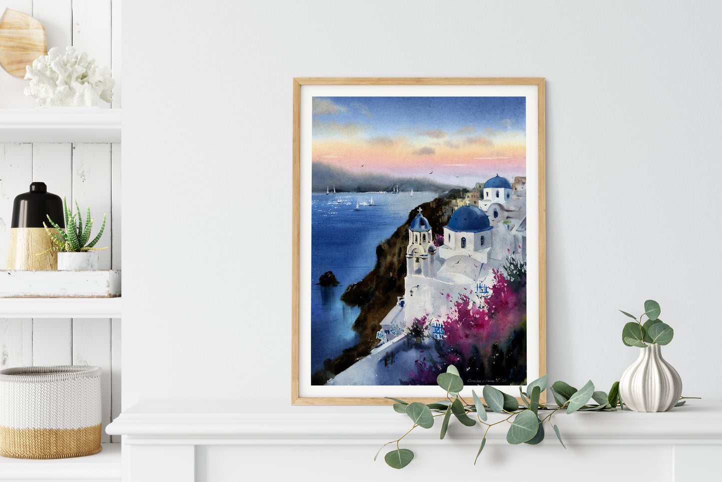 Santorini Art Print, Sunset Greece Painting, Coastal Bedroom Wall Decor, Watercolor White Blue Artwork, Travel Gift