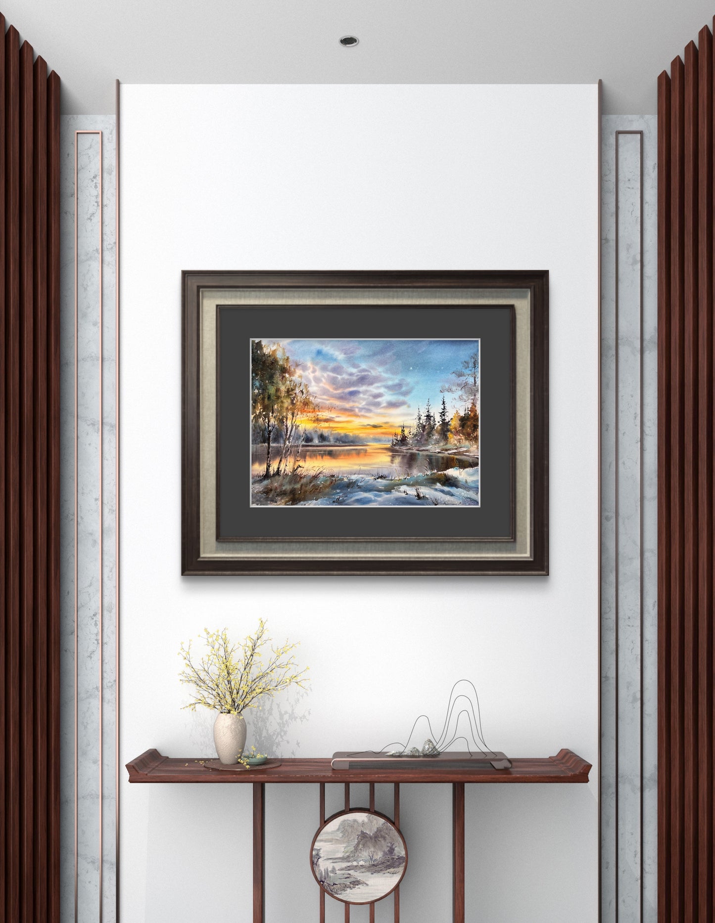 Winter Sunset Watercolor Painting, Snowy Lake Landscape Art, Sunset on the Ice