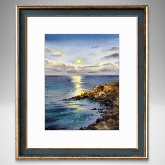 "Full Moon #4" Original Watercolor, Night Sea Art for Nautical Decor Enthusiasts, Hand-Painted Seascape, Maritime Collector Gift