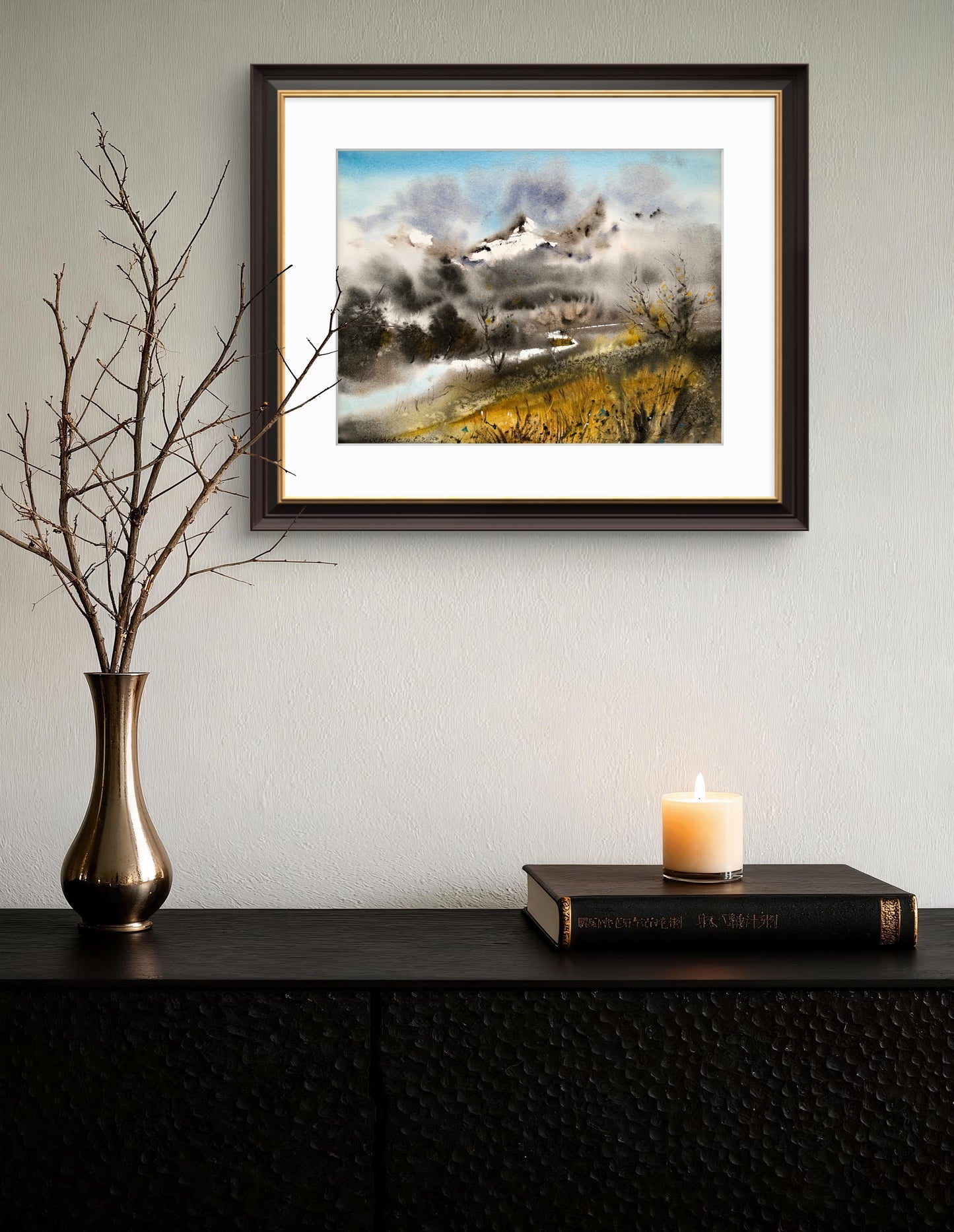 Abstract Mountain Painting Watercolour Original,   Wall Decor, Modern Landscape With River, Mountainscape #4