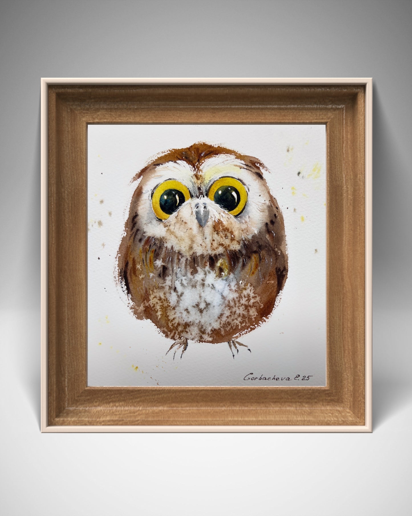 Original Watercolor Painting Tiny Owl, Cute Baby Owl Art, Charming owlet 7x7 in