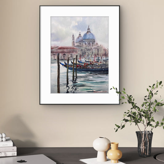 Venice Watercolor Painting, Gondolas Grand Canal Wall Art, Venice Water Poetry 12x16