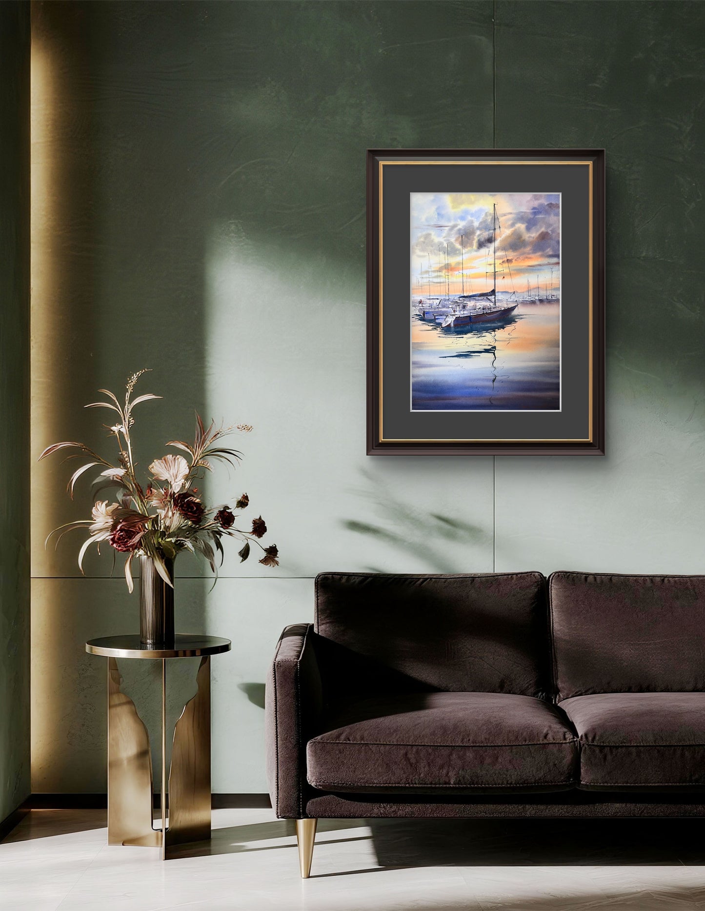 Sailing Boats Watercolor Painting Original Sunset Seascape Wall Art, The Silent Harbor 15x22