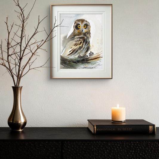 Original Wild Bird Painting - Owl in the nest - 6x8 in