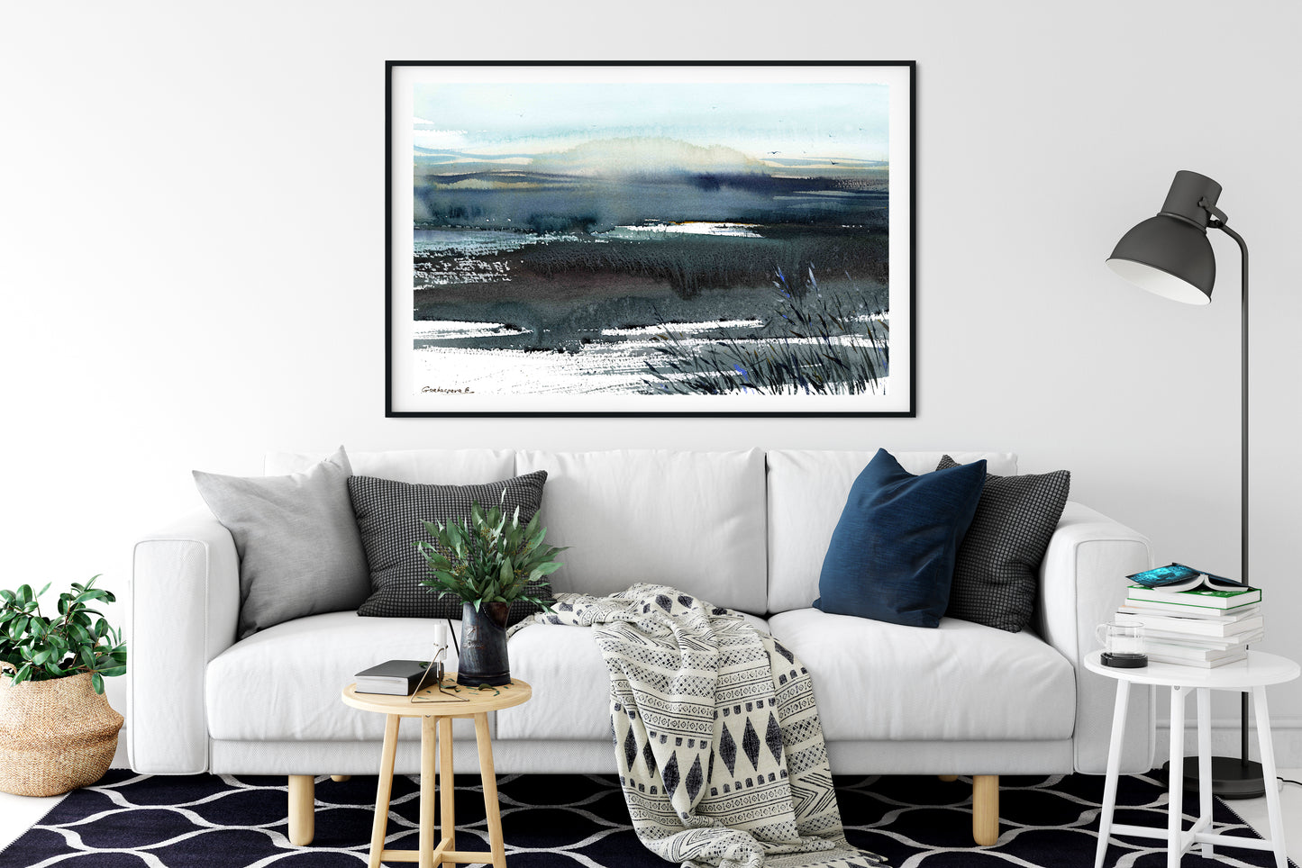 Abstract Wall Art, Modern Landscape Painting, Contemporary Watercolor, Extra Large Canvas Print, Navy Blue, Gray