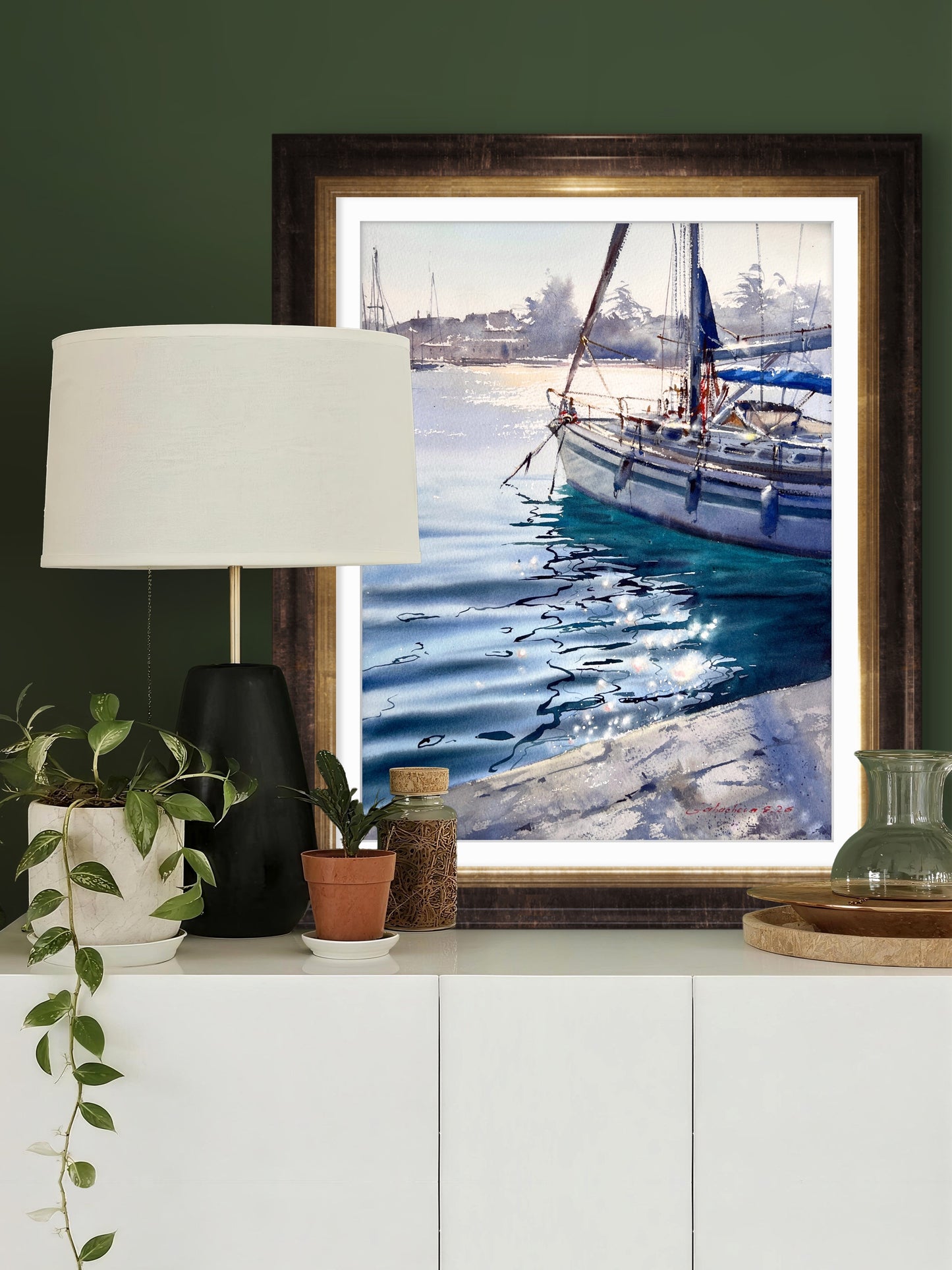 Original Watercolor Sailboat Painting, Marina Seascape, Dancing Reflections 12x16
