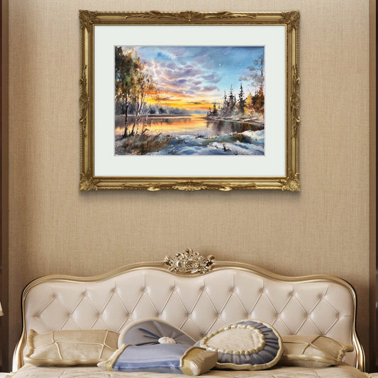 Winter Sunset Watercolor Painting, Snowy Lake Landscape Art, Sunset on the Ice