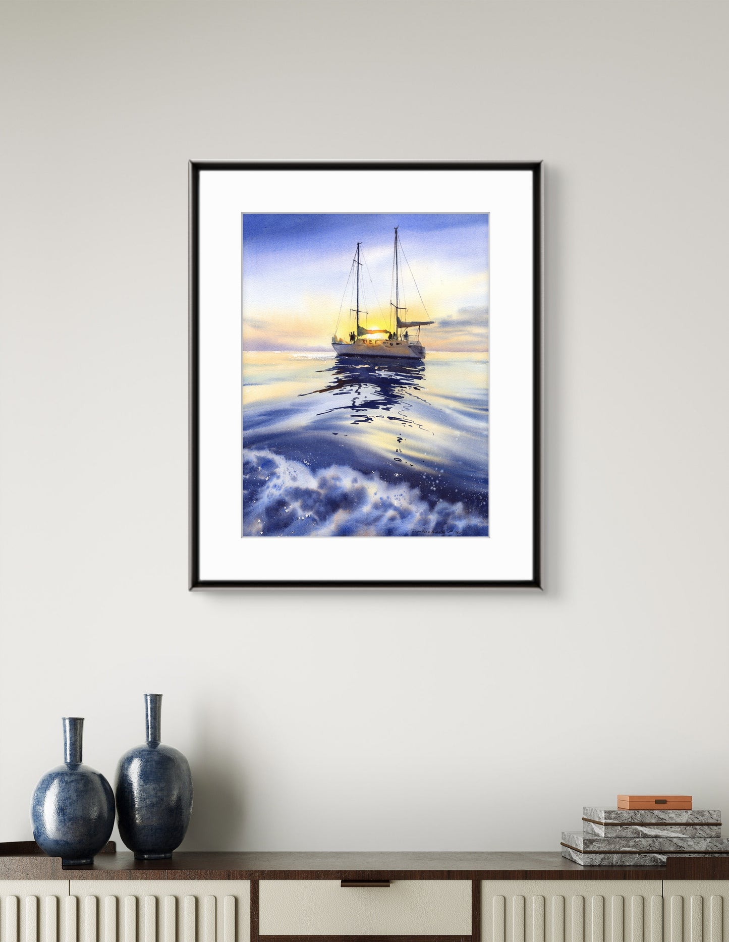 Watercolor Painting Original Seascape "Where the Yacht Meets the Sky #2" 12x16 in Blue Yellow Art Gift (Copy)