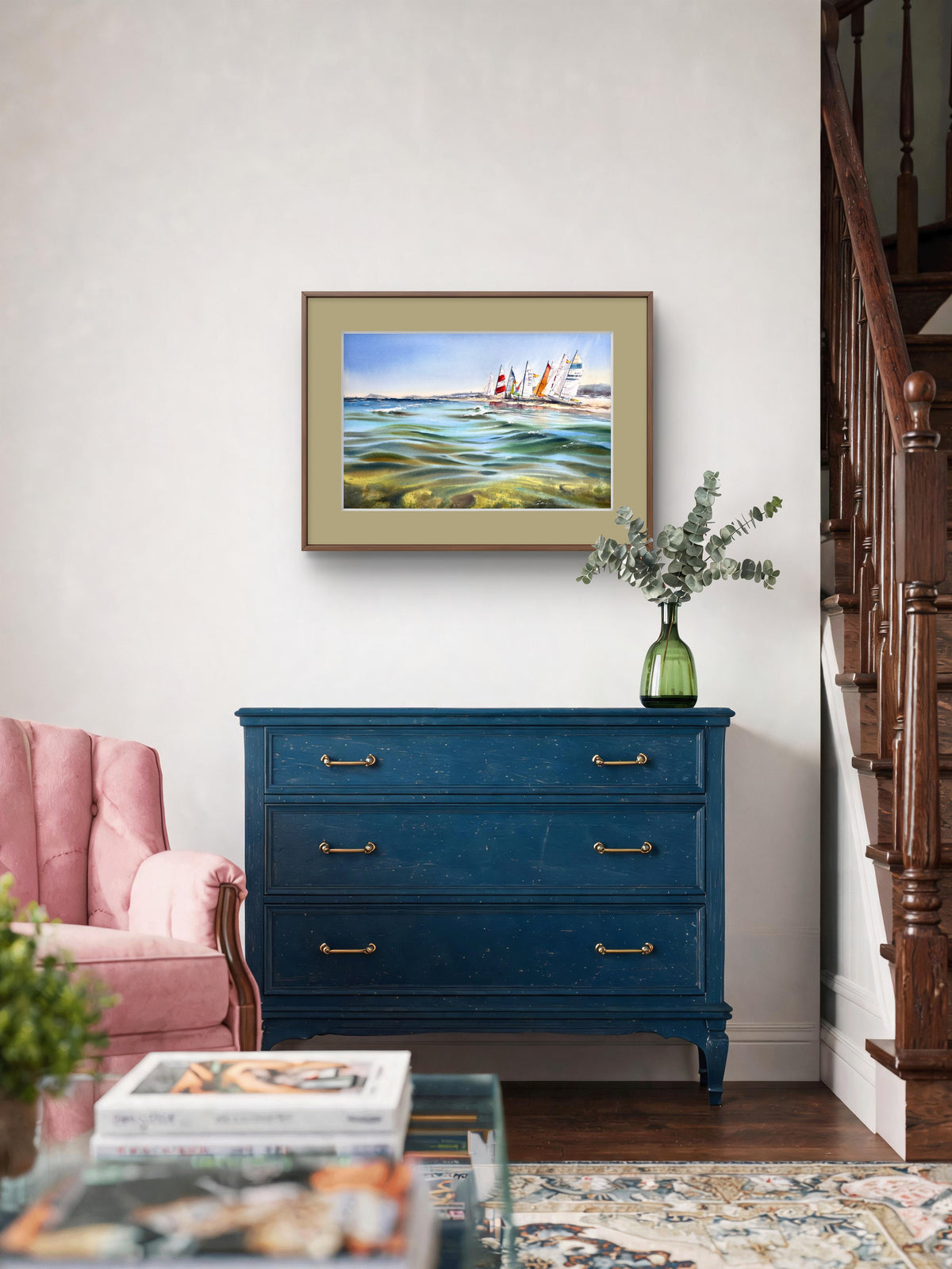 Yate y amanecer rosa n.° 3 - Acuarela - Decoración náutica para pared