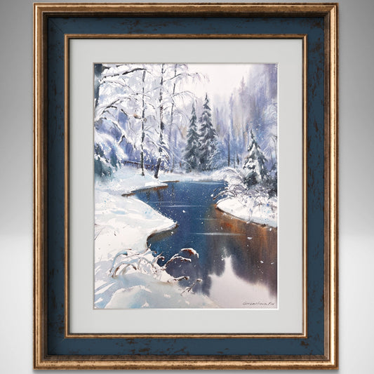 Original Winter Landscape Watercolor Painting, Snowy Forest River Art, Crystal Dawn 9x12