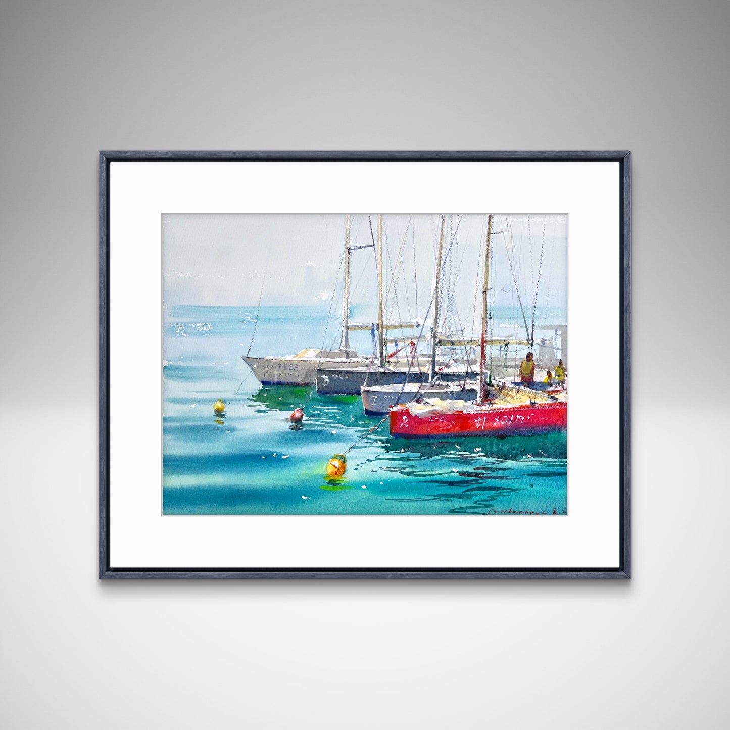 Coastal Sailboats Watercolor Painting, Seascape Marina Art, Boats on Blue Silence 11x15
