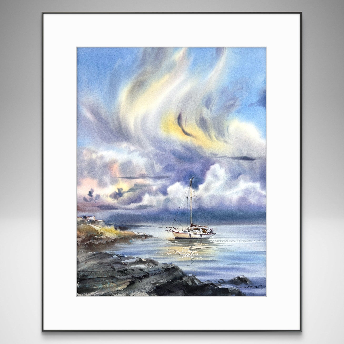 Dreamy Sailboat Watercolor Painting, Coastal Seascape Art, Ocean Sky Landscape, Yacht under the sea skies 12x16