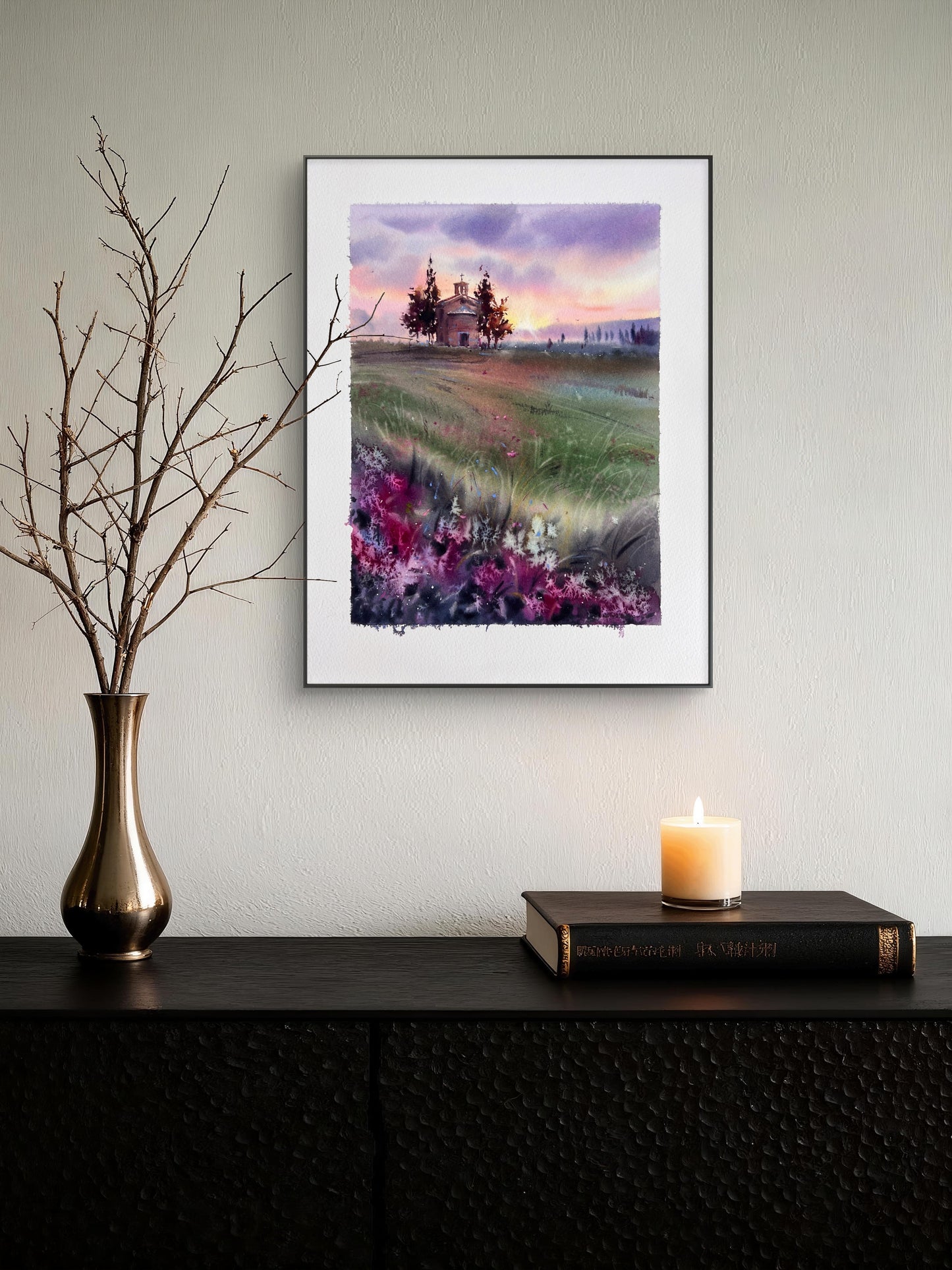 Tuscany Watercolor Painting Italy Landscape Art, Tuscan Chapel Glow 12x16
