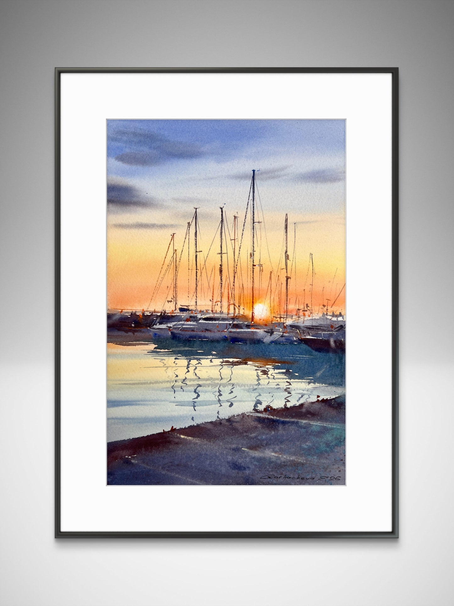 Sunset Harbor Watercolor Painting, Sailing Yacht Mast Wall Art, Silent Sunset Marina 8x12