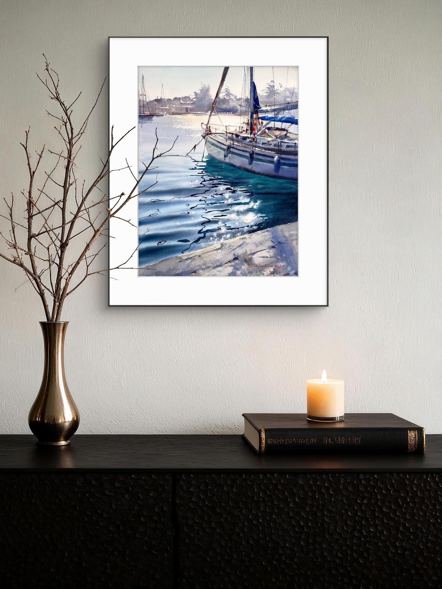 Original Watercolor Sailboat Painting, Marina Seascape, Dancing Reflections 12x16