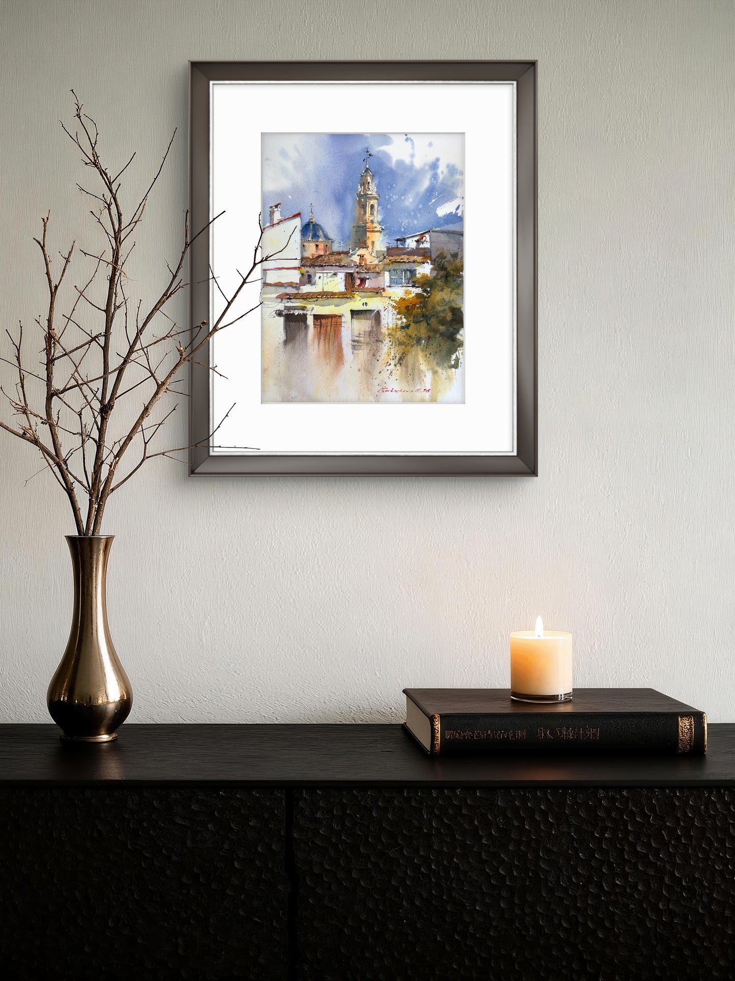 Spanish Village Watercolor Painting, Spain Architecture Art, Beneath Spanish Skies 12x16 in