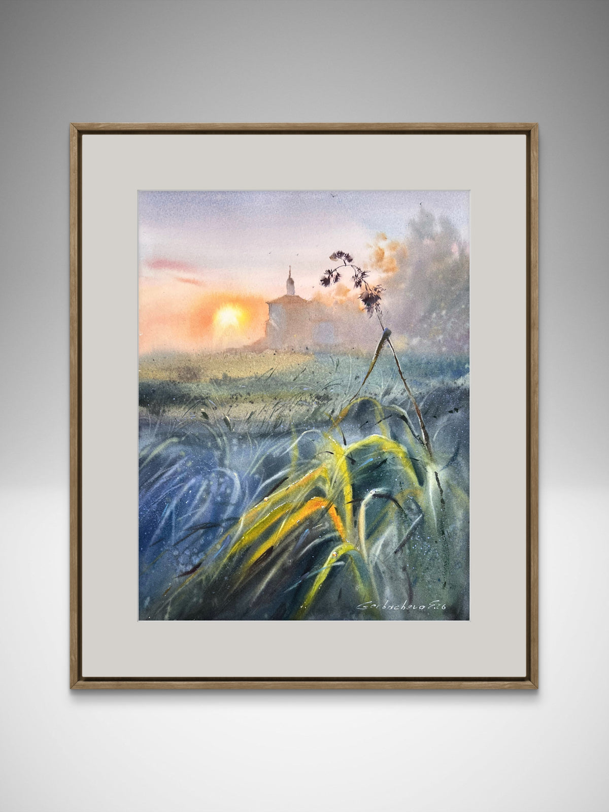 Moody Countryside Watercolor Painting, Sunset Landscape Art, The Evening Meadow 12x16