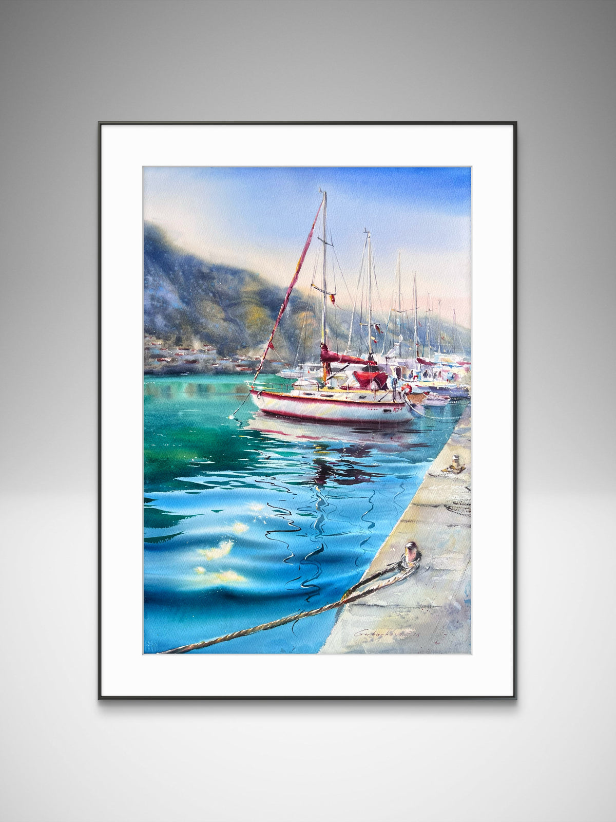 Sailboat Watercolor Painting, Coastal Marina Artwork, Waiting for the Wind #2 15x22 (Copy)