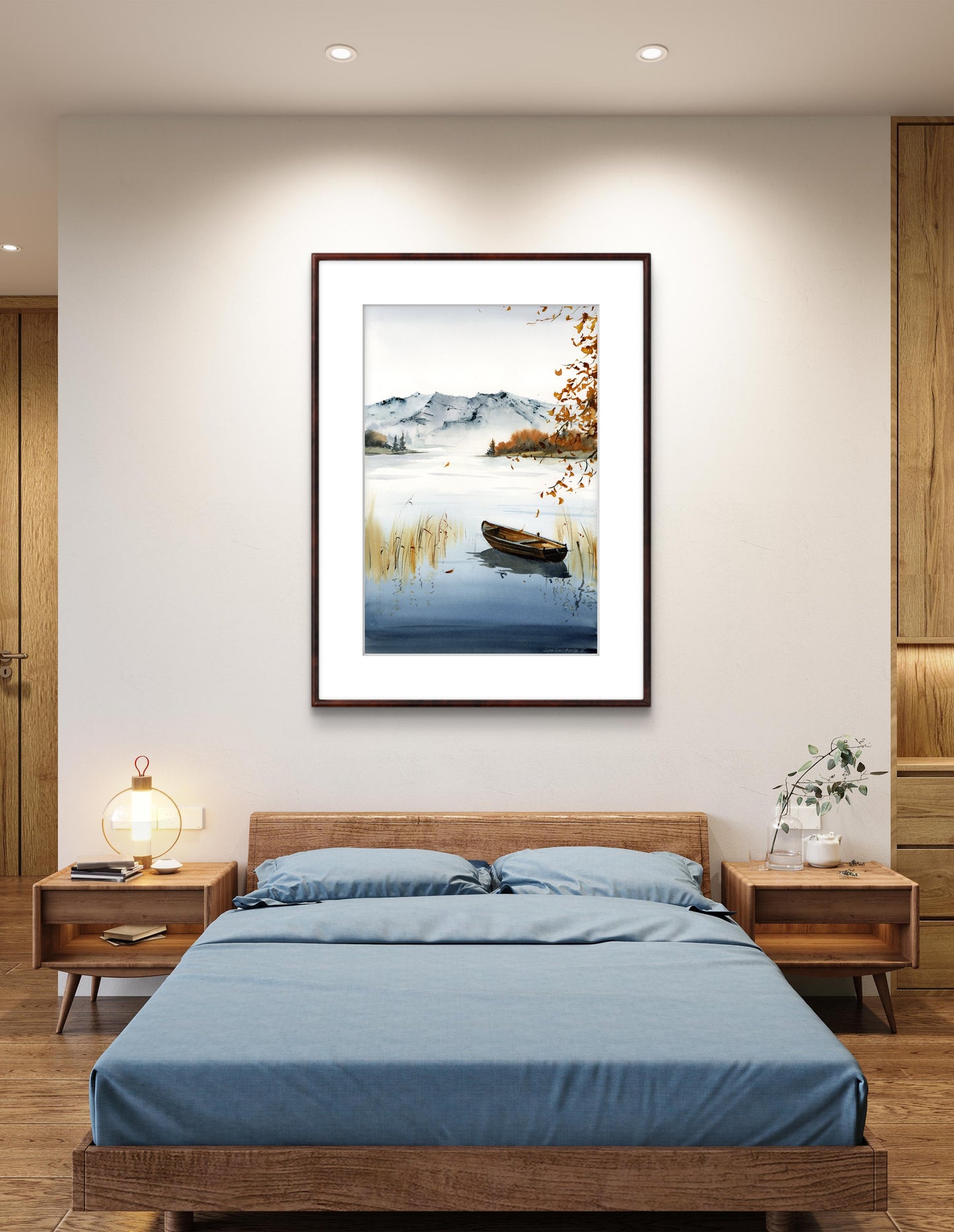 Serene Lake Rowboat Watercolor Print - Autumn Landscape Art