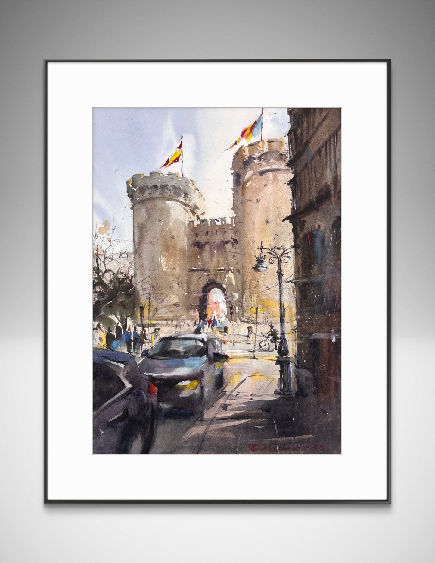 Valencia Watercolor Painting, Torres de Serranos Spain Cityscape, Valencia Silent Towers 11х15