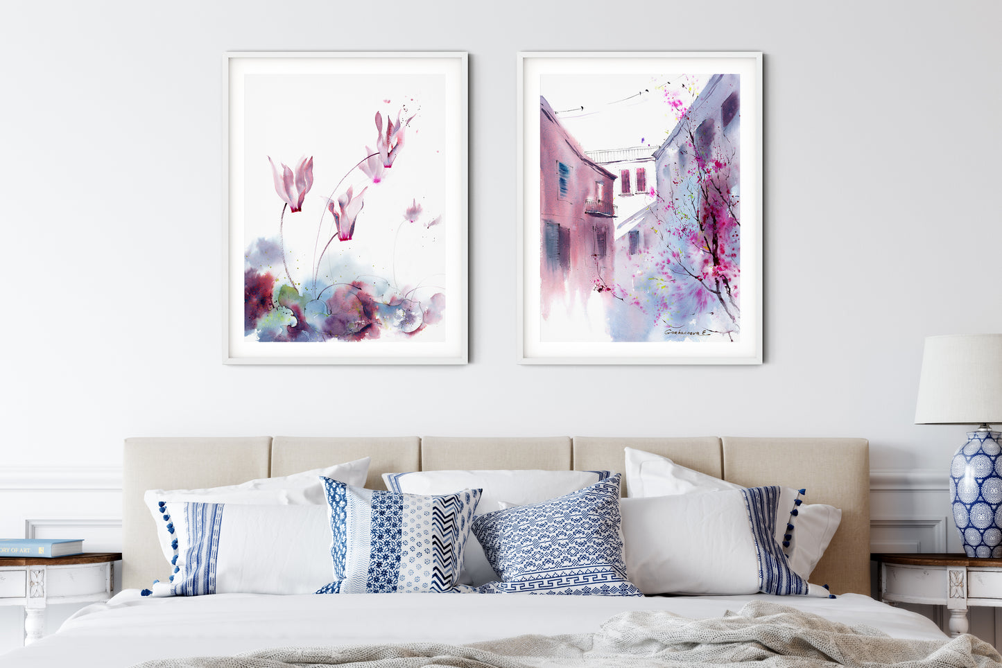 Floral Watercolor Blush Flower Print Set, Italian Patio & Flowers in Pastel Tones, Perfect Wall Art Decor, Ideal Housewarming Gift