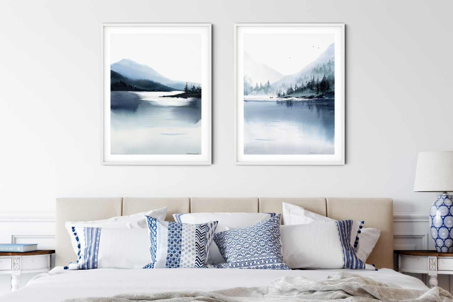 Misty Mountain Prints Set of 2, Watercolor Paintings, Abstract Landscape, Modern Nature Wall Decor, Pine Forest Lake