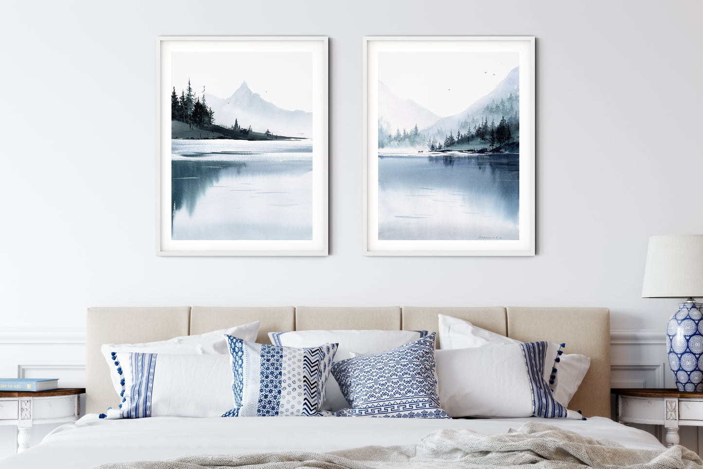 Mountain Print Set of 2, Watercolor Mountain, Abstract Landscape, Nature Prints, Modern Minimal Wall Decor, Pine Forest