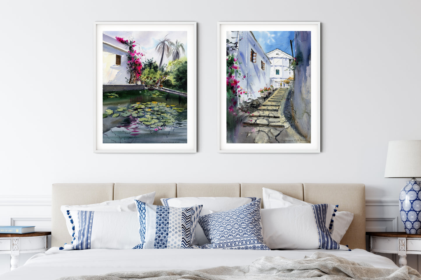 Mediterranean Wall Art, Set of 2 Prints, Paintings With Bougainvillea Flowers, Greece Architecture, Colorful Wall Decor
