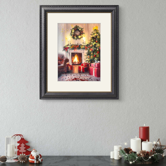 Original Christmas Fireplace Watercolor, Holiday Mantel Decor Art, Fireside Christmas 9x12