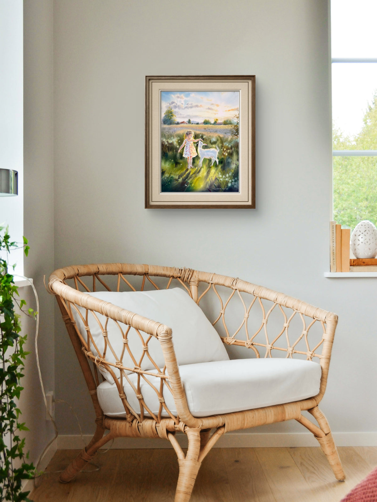 Watercolor Girl and White Goat Painting, Summer Meadow Landscape, The Quiet Joy of Childhood 12x16