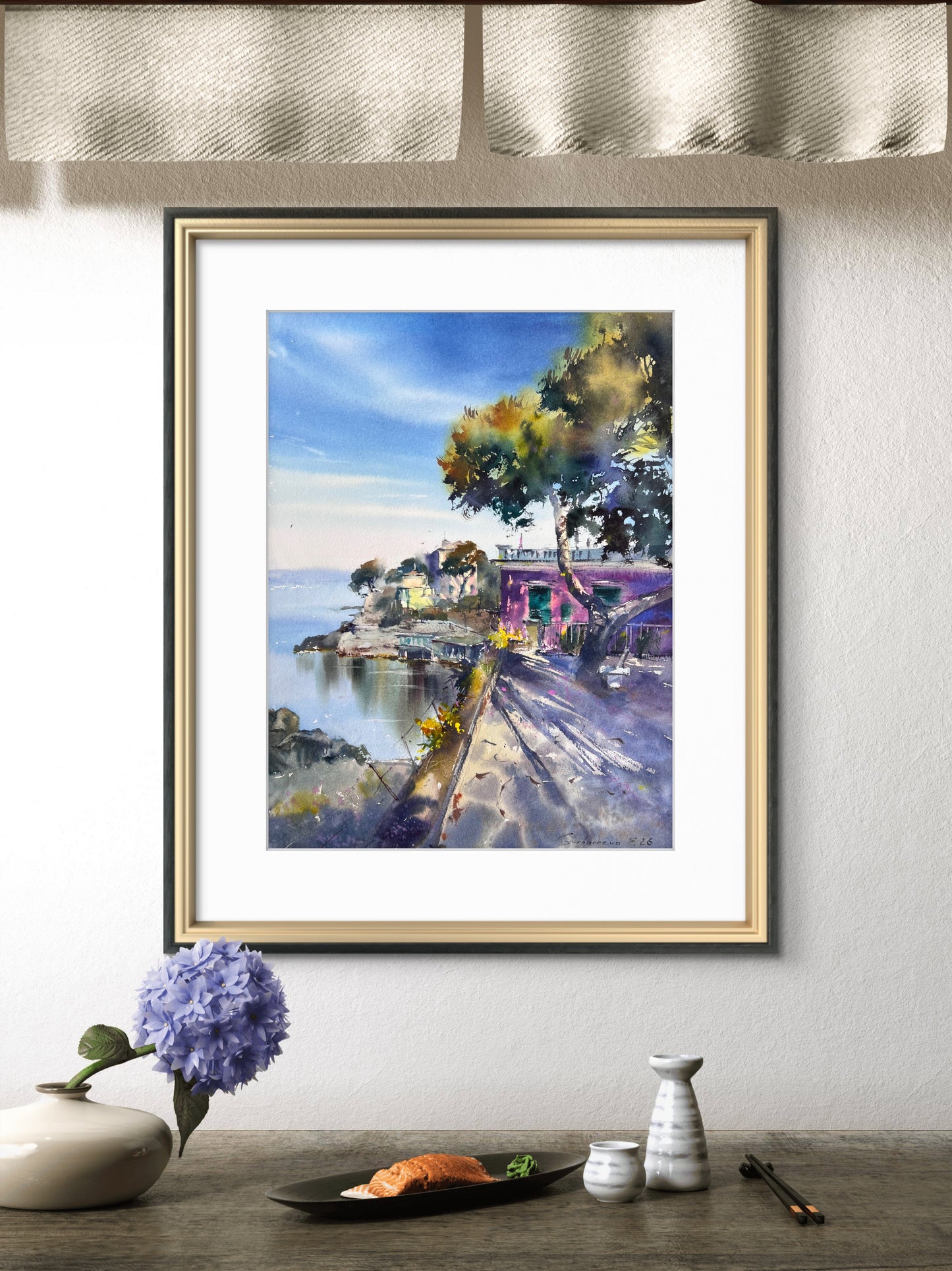 Original Watercolor Painting Liguria Italy Coastal Landscape, Blue Italian Morning. Liguria 12x16