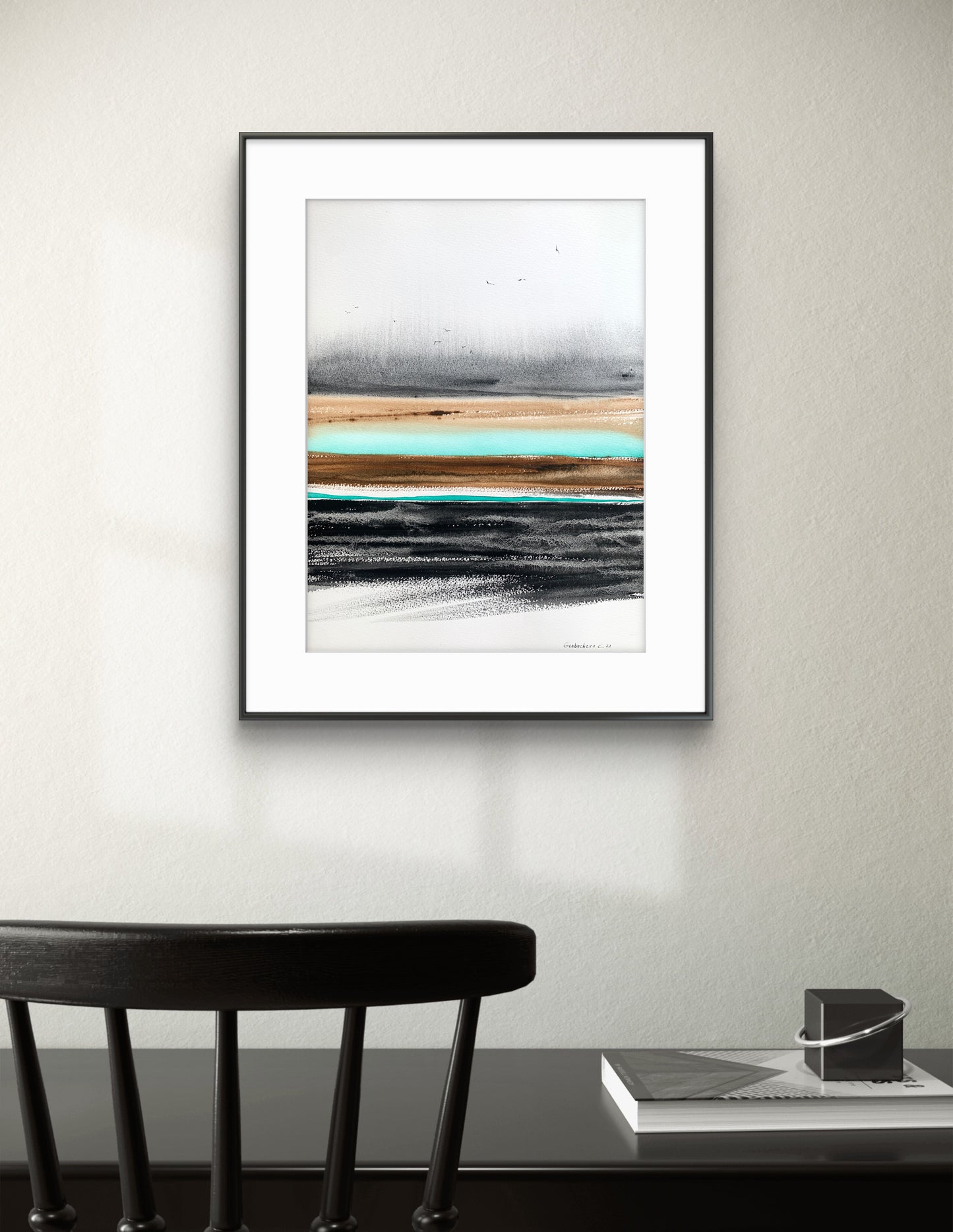 River Valley Abstract Painting - Watercolor in Gray, Burnt Orange, Turquoise Tones