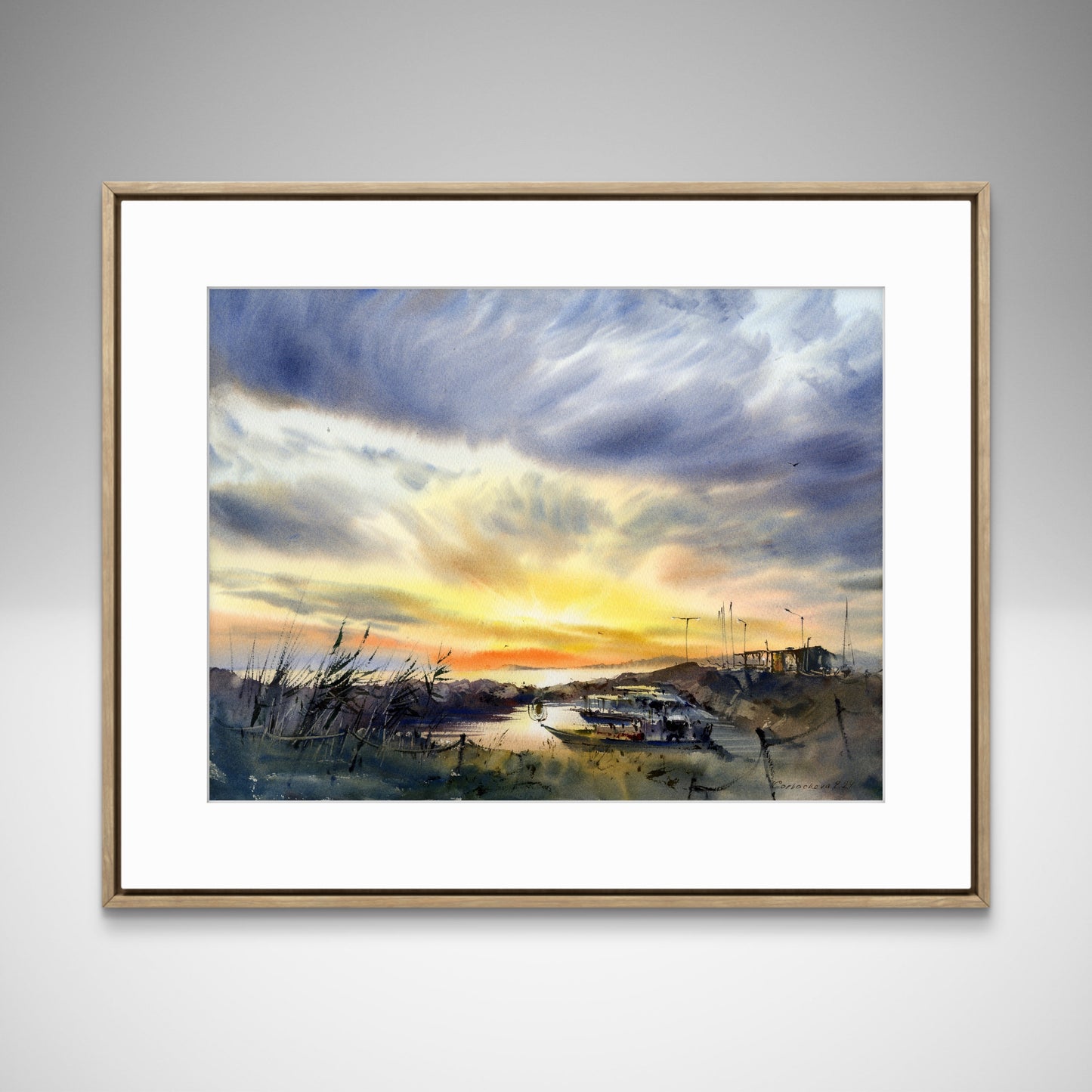 Original Watercolor Painting: Boats on Pier Sunset #4 12x16 in