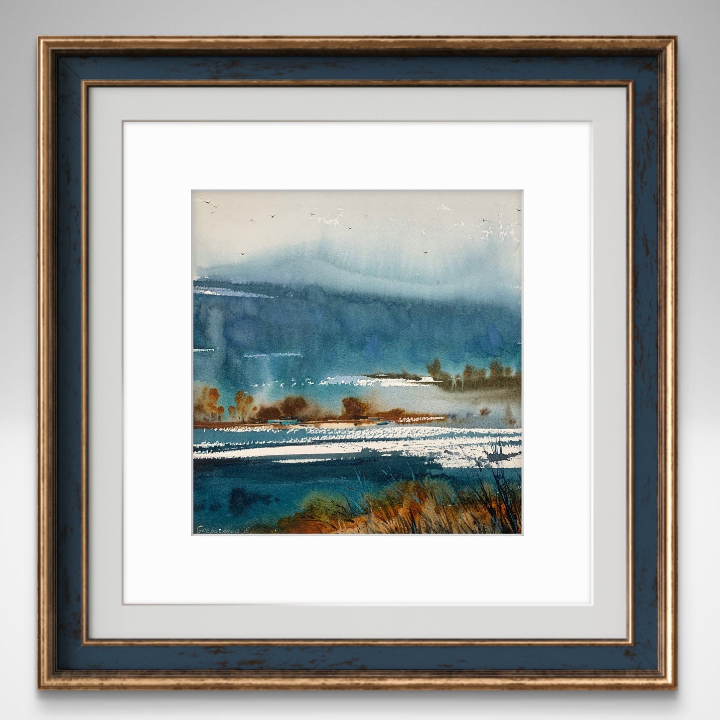 Mountain Valley Village Watercolor Painting, Mountain river #12 9x9