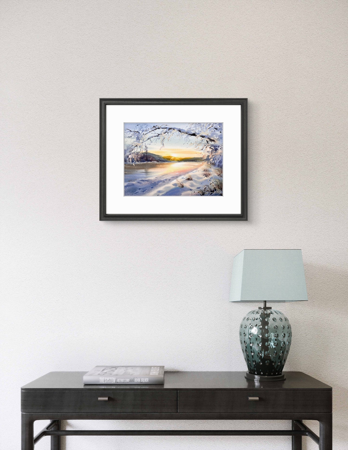 Winter Sunrise Watercolor Painting, Original Snowy Landscape Art, Golden Winter Hush 9X12