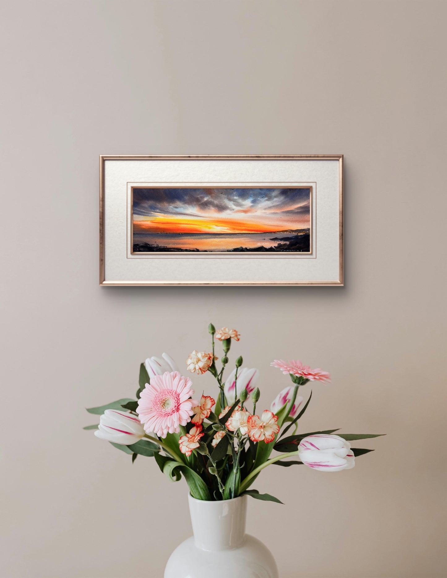 Cyprus Coast Watercolor Painting, Sunset Song of Cyprus  5.5 x15