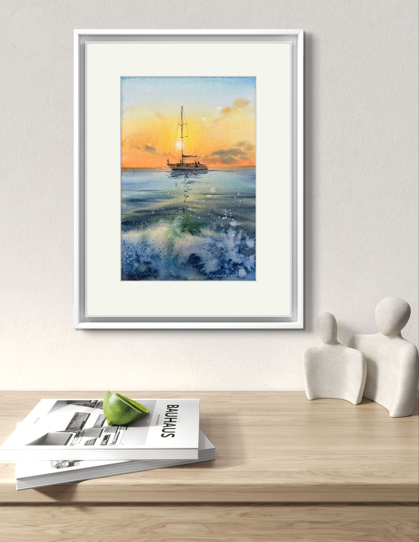 Nautical Art: 'Yacht in the sea at sunset #12' Watercolor Painting, 8x12 Inch - Ideal Gift for Sailboat Enthusiasts