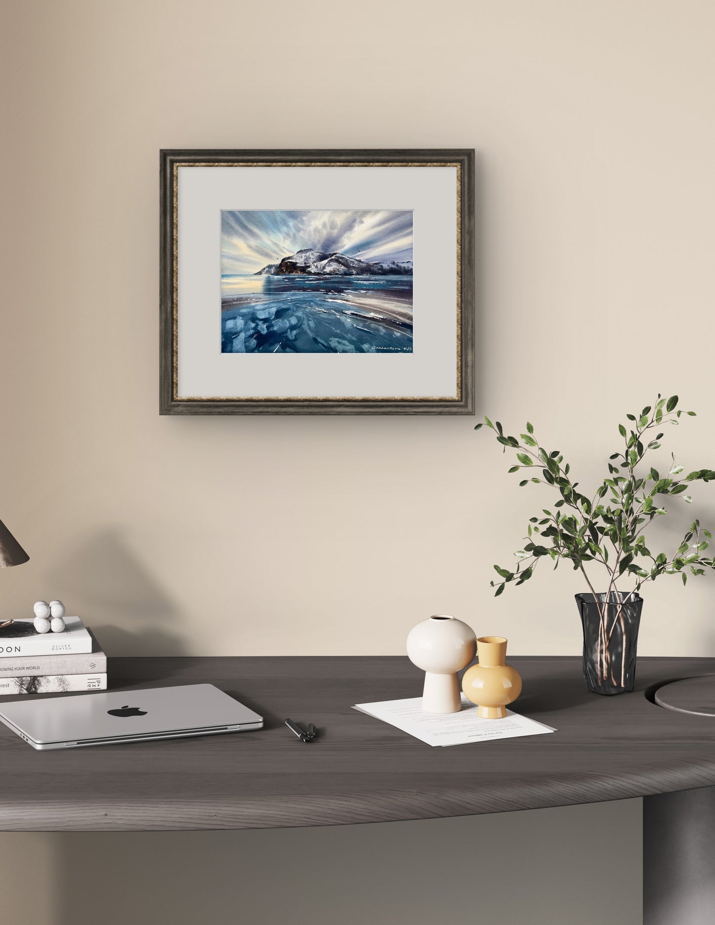 Frozen Lake Painting Original, Watercolor Winter Seascape, Explorer, Lake Baikal #7, 11x15