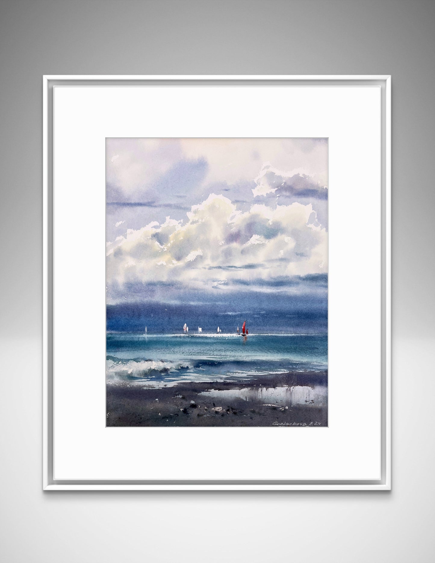 Coastal Dream: Kingdom of the Clouds #2 - Watercolor Artwork of Clouds and Yachts