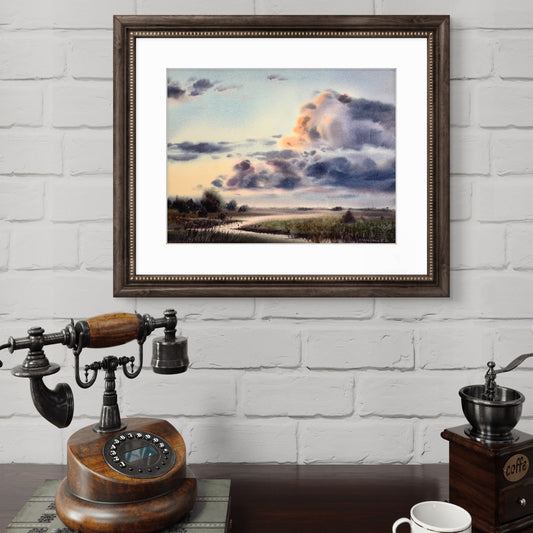 Foggy Landscape Painting, Original Watercolor, Country House Wall Decor, Clouds over the River #4, 12x16