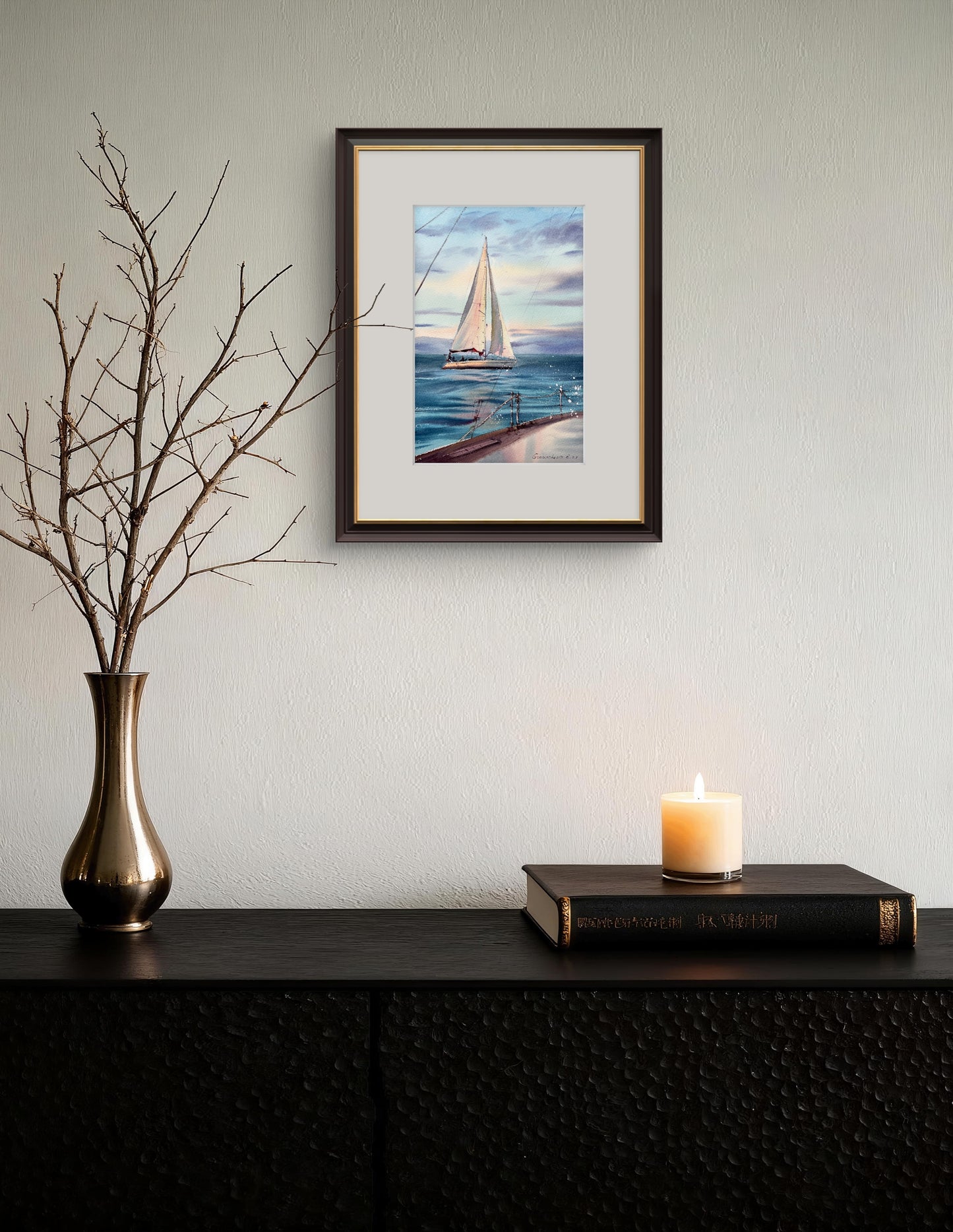 Sea Sailboat Small Painting, Watercolor Original - Yachts at Sea #19