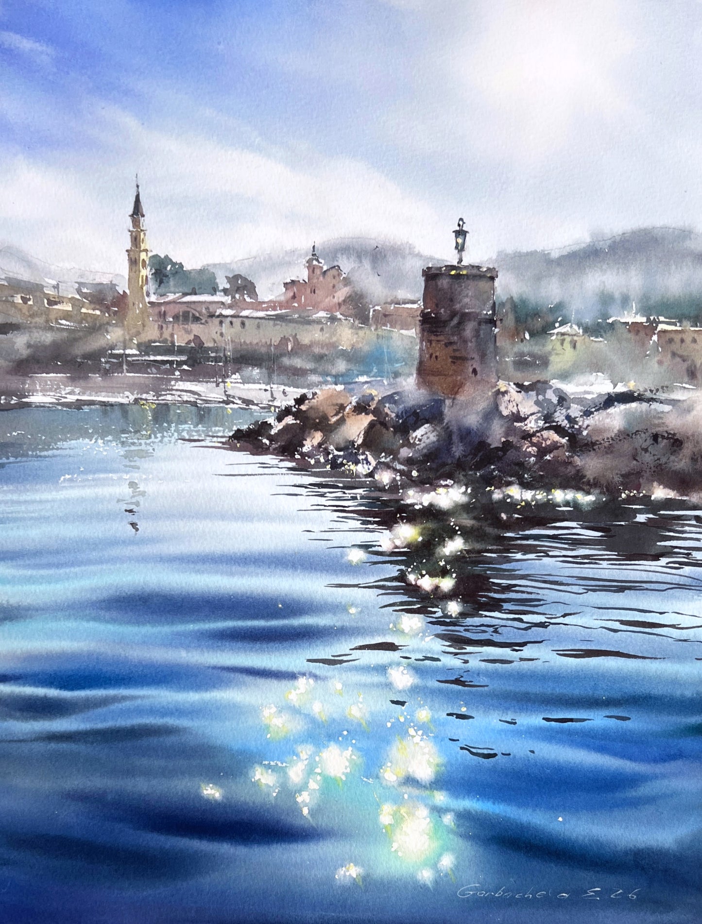Original Recco Italy Watercolor Painting | Italian Riviera Seascape |  Blue Liguria 12x16