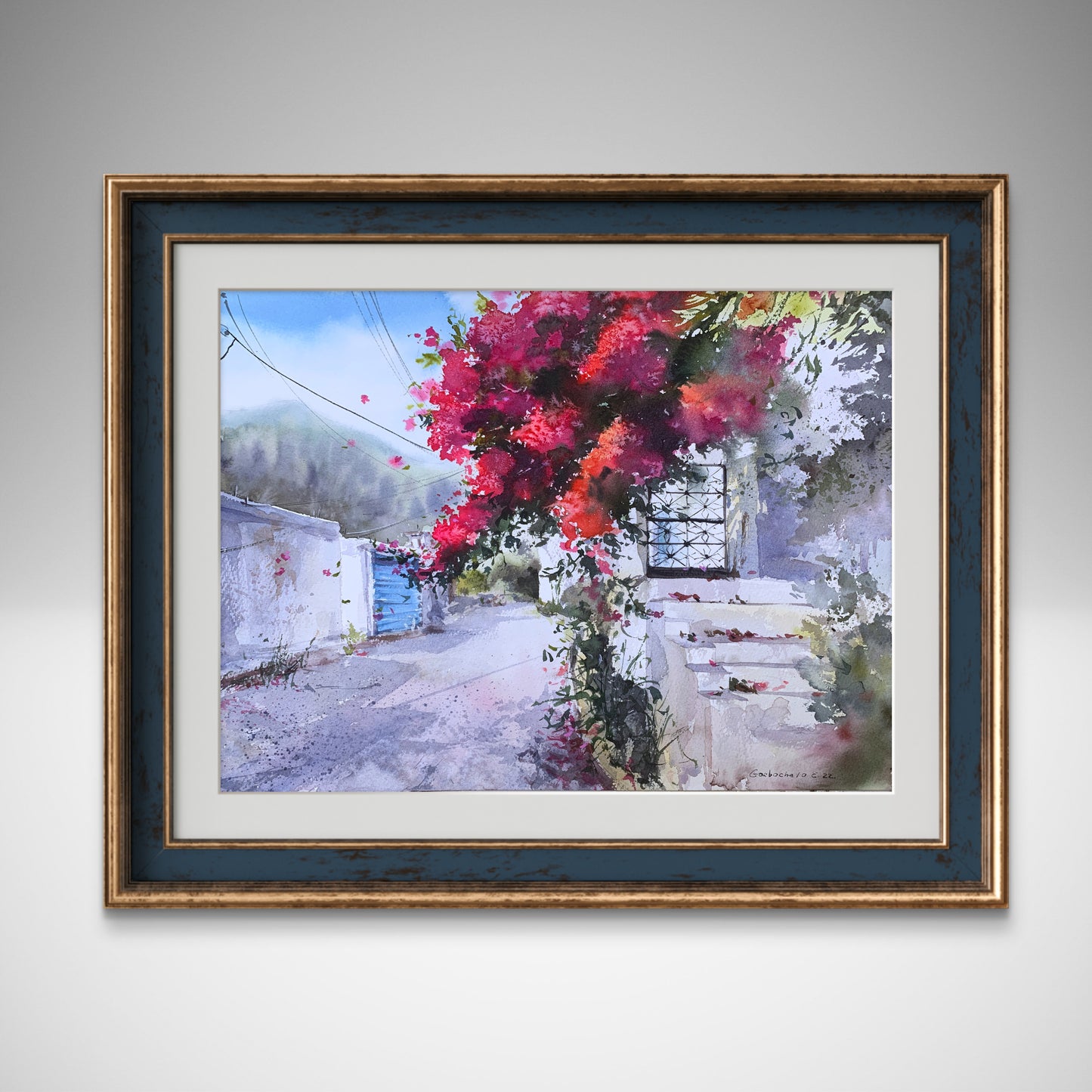 Greek Painting Watercolor, Original Artwork, Greece, Blue White Cityscape, Bougainvillea Wall Art, ENGLISH VILLAGE CYPRUS #6 12x16