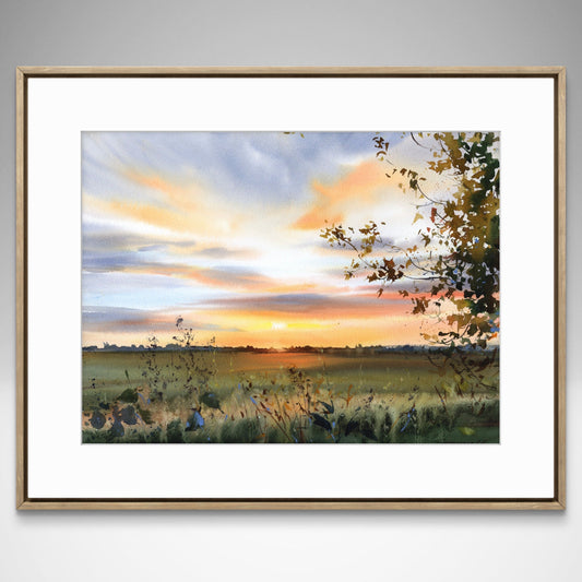 Original Sunset Watercolor Painting | Golden Hour Landscape Art |Golden Dusk 12x16 in