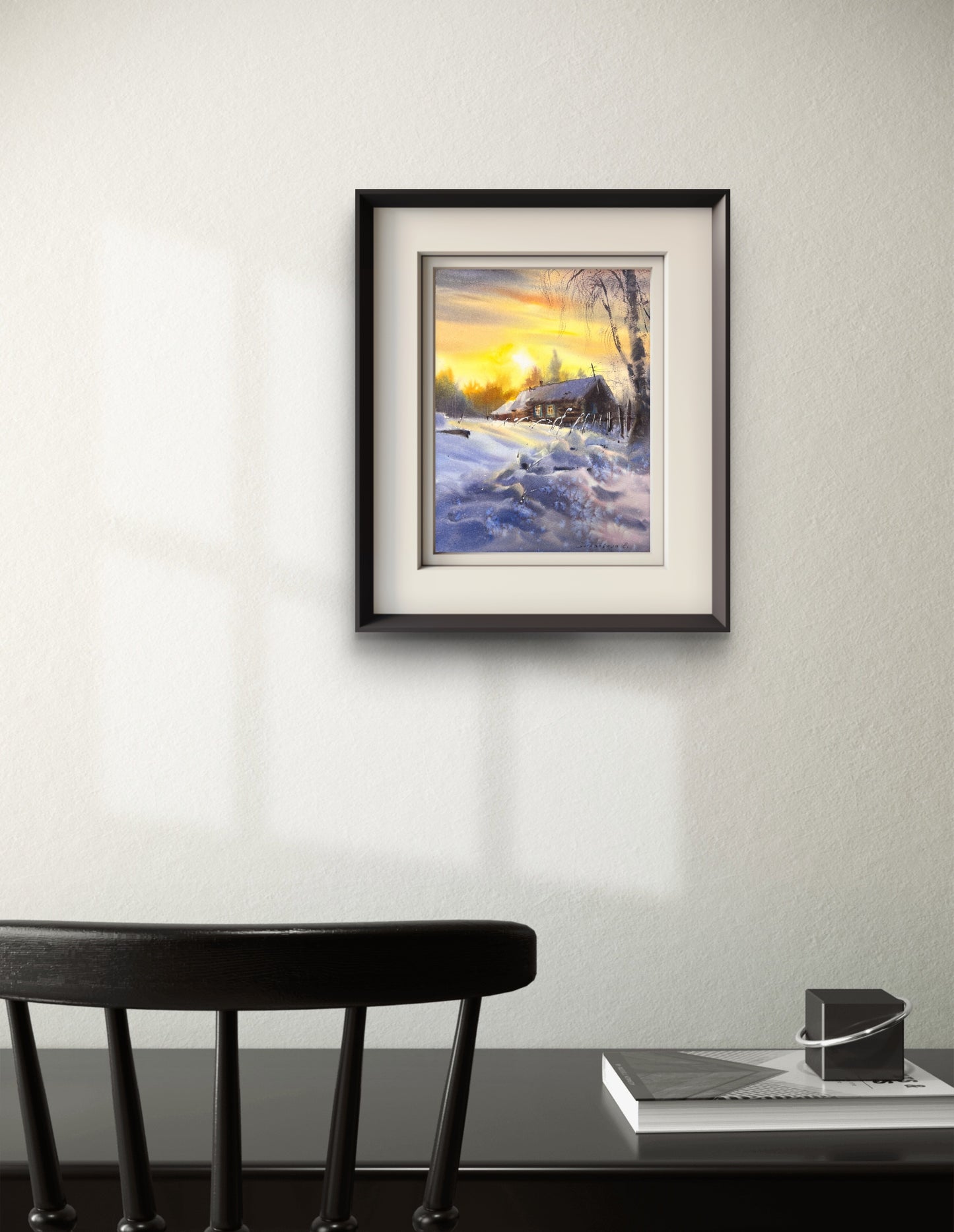 Rustic Winter Sunset Watercolor Painting, Winter's Quiet Embrace 9X12