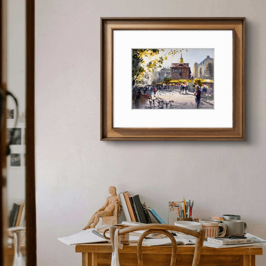 Valencia Spain Watercolor Painting Cityscape Art, Golden Valencia Glow 11x15 in