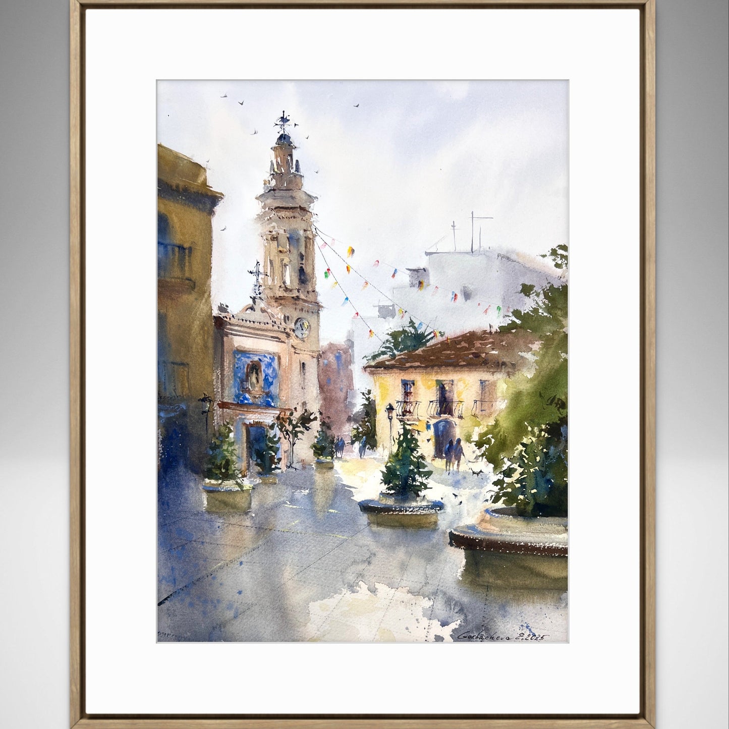 Original Spanish Cityscape Watercolor Painting,A Quiet Morning in Spain 12x16 in