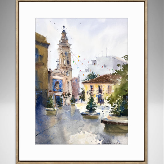 Original Spanish Cityscape Watercolor Painting,A Quiet Morning in Spain 12x16 in