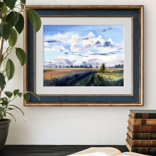 Russian countryside watercolor landscape, Rural field road, Sky clouds painting, Silent Field Road 12x16