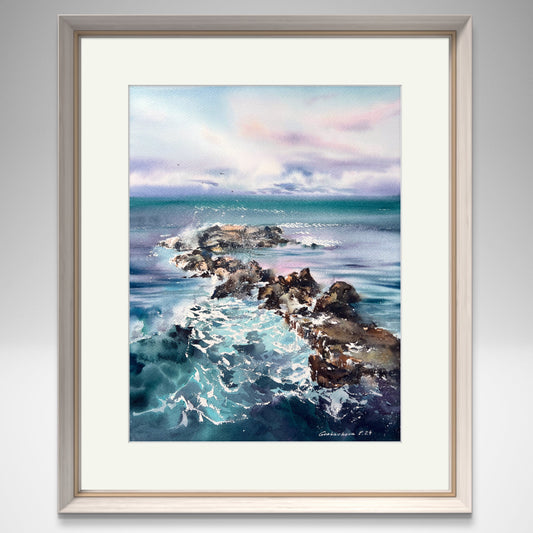 Original Watercolor Landscape of Cliffs - Waves and rocks #19